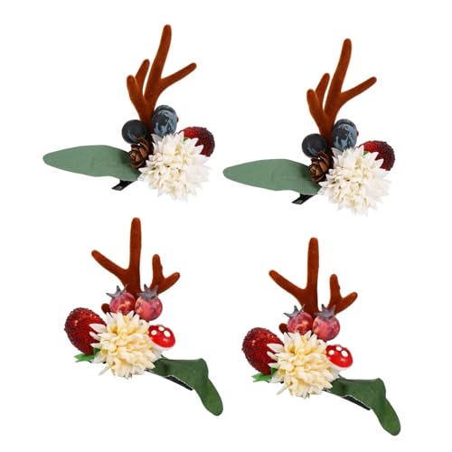 Hemobllo 2 Paare Rentier Haarclips Geweih Haarspangen mit Blumen und Beeren Weihnachts Haarschmuck für Mädchen Party Festliche Kopfbedeckung Weihnachten Zubehör von Hemobllo