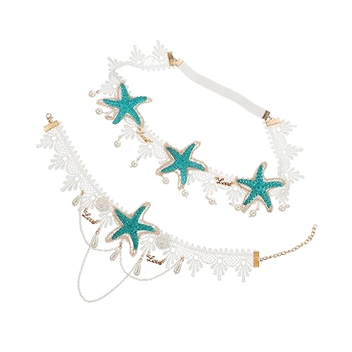 Hemobllo 2 Stück Meerjungfrau Haarband mit Perlen und Seestern Anhänger Elastisches Haarschmuck für Damen Boho Stil Stirnband und Kurze Halskette Eleganter Hochzeitsschmuck für von Hemobllo