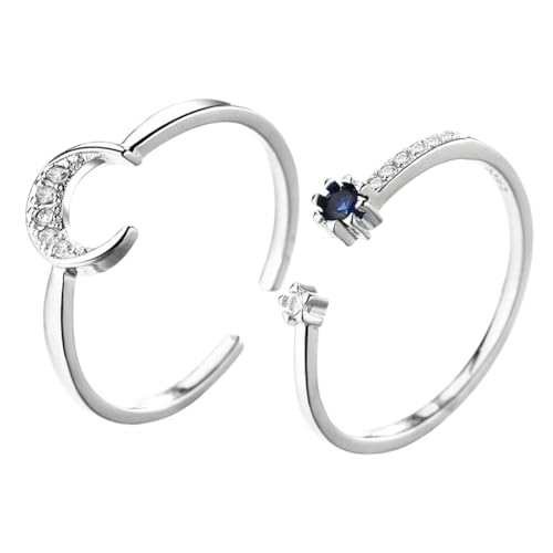 Hemobllo 2 Stück Verstellbarer Offener Damenring mit Blauem Stein und Mondmotiv Modisches Schmuckaccessoire Einstellbar Passend für Alltag Party Hochzeit Geschenkidee von Hemobllo