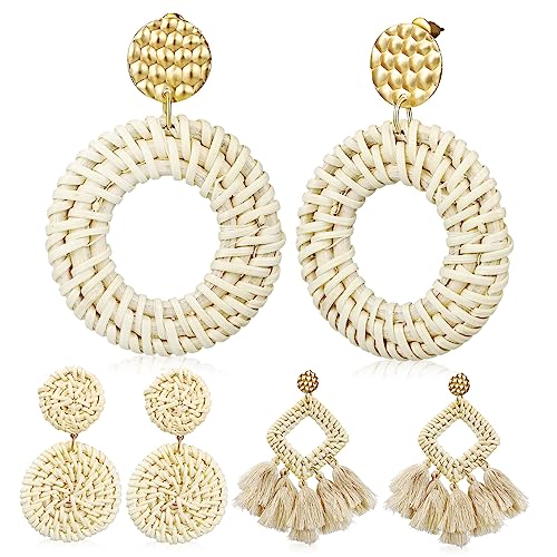 Hemobllo 3 Paare Rattan Ohrringe Damen Hängend Geflochten Leicht Boho Tropfen Schmuck für Frauen Strand Urlaub Party von Hemobllo