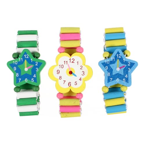 Hemobllo 3 Stück Holz Armbanduhren Spielzeug, Niedliche Cartoon Hölzerne Uhren Spielzeug Elastische Armband Simulation Armbanduhren Kinder Spielzeug (Zufälliger Stil) von Hemobllo