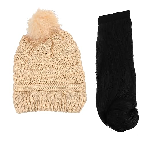 Hemobllo Damen Perücken mit Abnehmbarer Mütze und Langen Lockigen Wellen Bequeme Strickmütze in Beige Natürliche Schwarze Haarverlängerung Vielseitiges Haaraccessoire für Alltag und Party von Hemobllo