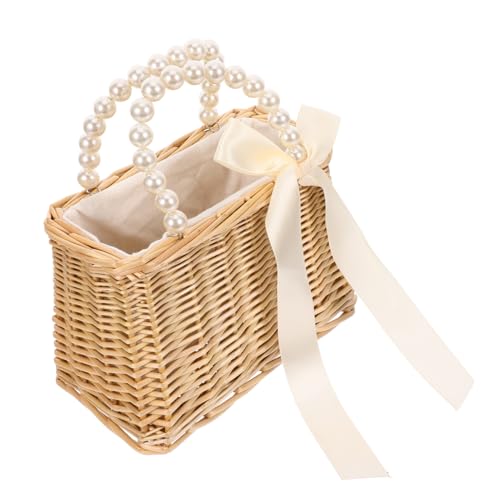 Hemobllo Damen Stroh Handtasche mit Perlen Geflochtene Strandtasche Tragbare Umhängetasche für Sommer Urlaub Shopping Leichte Strandtasche für Frauen Crossbody Tasche von Hemobllo