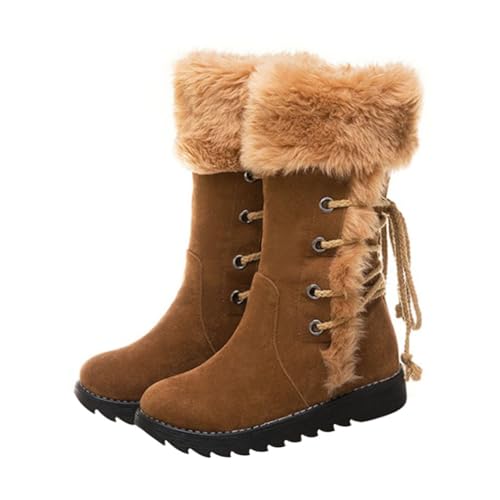 Hemobllo Damen Winterstiefel Warm Gefüttert Schneestiefel Mittelhoch Flach Sohle Plüschfutter Komfortabel Rear Tie Boots für Kalte Tage von Hemobllo
