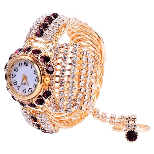 Hemobllo Damenuhren – Damen-Armbanduhr Mit Ring Quarzuhr Glitzerndes Strass-Armband Uhren Für Damen Goldene Damen-Armbanduhr von Hemobllo