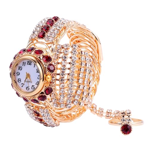 Hemobllo Damenuhren – Damen-Armbanduhr Mit Ring Quarzuhr Glitzerndes Strass-Armband Uhren Für Damen Goldene Damen-Armbanduhr von Hemobllo