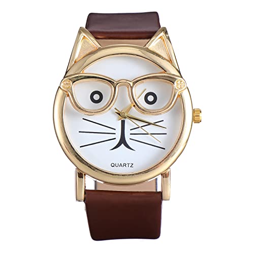 Hemobllo Geschenk Cartoon-Uhr Goldene Schale Mit Brille Katze Gürtel Quarz Sportarmbanduhr Kindersportuhr von Hemobllo