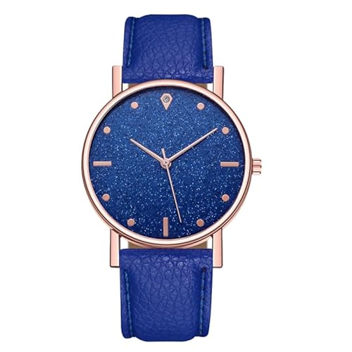 Hemobllo Damen Armbanduhr, Elegante und Klassische Uhr mit Blauem Glitzerzifferblatt und Lederarmband, Perfekt für Freizeit und Business von Hemobllo