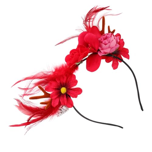Hemobllo Rotes Weihnachts Federn Haarreif mit Hirschgeweih Design Festlicher Kopfschmuck für Party Foto Shooting und Festliche Anlässe Auffälliges Accessoire für Damen von Hemobllo