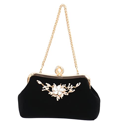 Hemobllo Schwarze Damen Clutch mit Strasssteinen und Kettengurt Vielseitige Handtasche für Abend Hochzeit Party Weiches Plüschmaterial Umhängetasche für Festliche Anlässe von Hemobllo