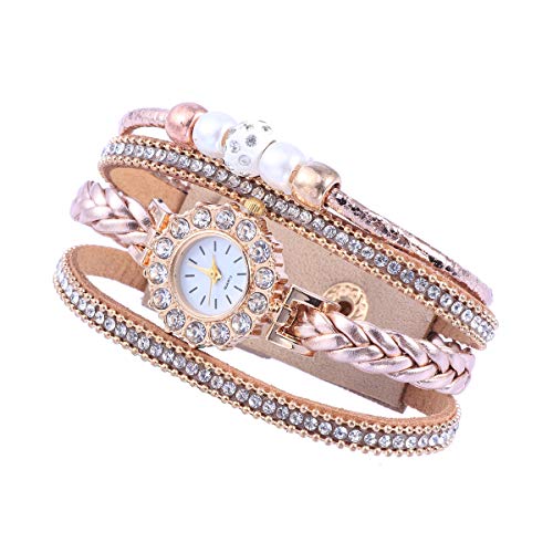 Hemobllo mehrlagige Armbanduhr mit Diamant-Armband für Damen mit Nieten (beige) von Hemobllo