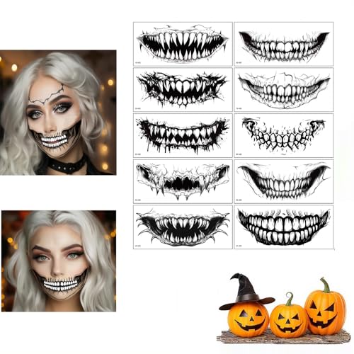 Halloween Accessoires, Halloween Mund Tattoo, Temporäre Tattoos Skull Mund Gesichtsaufkleber Tattoos Set 10 Modelle Wasserdichte Hallo ween Make Up Gesichtstattoo von Hemoravoma
