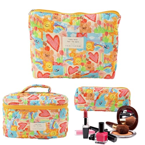 Hemousy Gesteppte Kosmetiktasche - 3 Stück ästhetische Make-up-Tasche,Kosmetiktasche, tragbare -Aufbewahrungstasche für Kosmetik, Make-up-Pinsel, Mädchen, Frauen von Hemousy