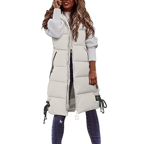 Henagehde Damen-Daunenjacke, lang, ohne Ärmel, Winter, warm, gesteppt, Reißverschluss, mit Taschen, Weste, einfarbig, Parka mit Kapuze, eleganter Mantel, lässig, A #3, 50 von Henagehde