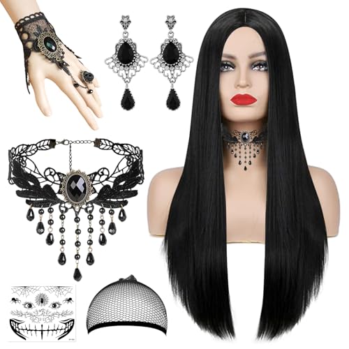 Perücke Halloween Damen, 70cm Perücke Damen,Halloween Perücke Damen,Halloween Accessoires mit Haarnetz Frauen Gothic Zubehör Halskette Armbänder Ohrring Tattoo Sticker Halloween Karneval Party Cosplay von Hendpock