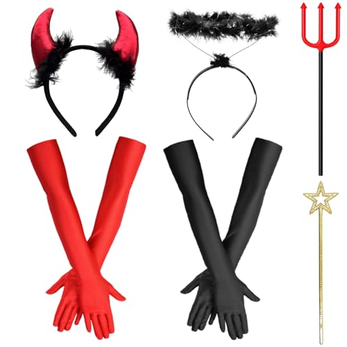 Teufel kostüm Damen Mädchen, Karneval Teufel kostüm, 6stk Halloween Accessoires,LTeufel Haarreifen Teufelshörner Heiligenschein Haarreifen Dreizack Zauberstab Karneval Fasching Halloween Cosplay Party von Hendpock
