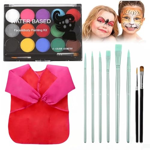 Kinderschminke Set,15 Farben Gesichtsfarben Kinderschminken, Karneval Schminke,Fasching Schminke,Body Painting Farben Mit 7 Pinsel Und Rote SchüRze FüR Weihnachten Karneval Ostern von HenfuME