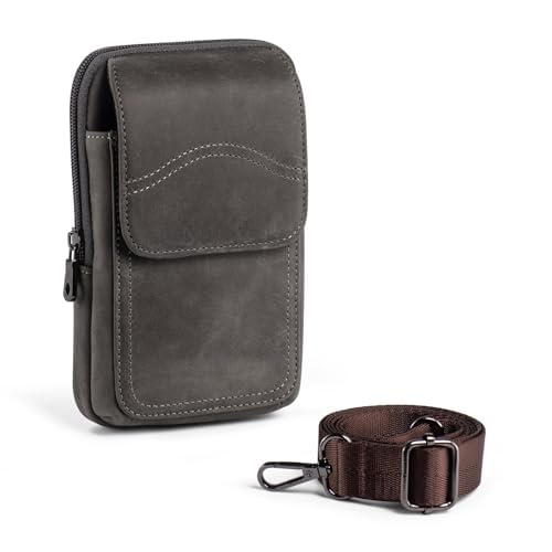 Hengwin Leder Reißverschluss Retro Umhängetasche Telefon Gürtel Tasche Casual Crossbody Hüfttasche (Grau) von hengwin