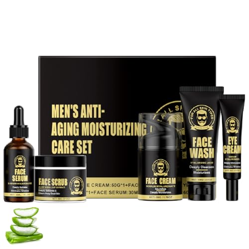 5-teiliges Anti-Aging-Hautpflege Set für Männer, Gesichtsreinigung, Peeling, Feuchtigkeitscreme für Tag und Nacht, Augencreme und Anti-Falten-Serum, feuchtigkeitsspendend, straffend (1) von Hengxuan