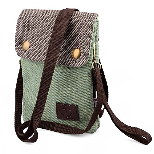 Handy Umhängetasche, Katloo Canvas Universal Handytasche zum Umhängen Geldbörse Kleine Tasche für Frauen Mädchen Kinder iPhone Samsung Galaxy Huawei Sony Wiko + Schlüsselanhänger (Grün) von E