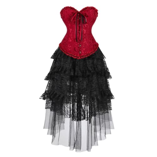 Hengzhifeng Corsage Karneval Kostüm Pirat Damen Korsett mit Spitzenrock (EUR 34-36,Weinrot) von Hengzhifeng