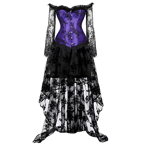 Hengzhifeng Corsage Spitze Ärmel mit Lang Rock Damen Steampunk Korsett Karnevals Korsage Kostüm (EU 26-28,Lila) von Hengzhifeng