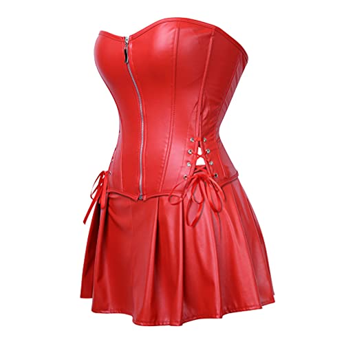 Hengzhifeng Corsage mit Rock Damen Kunstleder Korsage Korsett Große Größen (EU 32-34,Rot) von Hengzhifeng