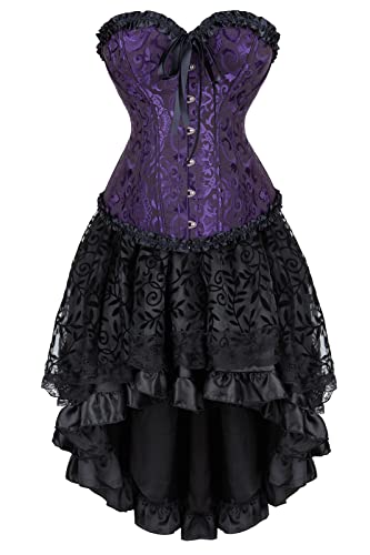 Hengzhifeng Corsage mit Rock Damen Steampunk Brokat Korsett Karnevals Party Korsage Kostüm (EU 32-34,Schwarz Lila) von Hengzhifeng