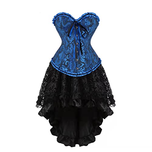 Hengzhifeng Corsage mit Rock Damen Steampunk Brokat Korsett Karnevals Party Korsage Kostüm (EU 32-34,Schwarz Blau) von Hengzhifeng