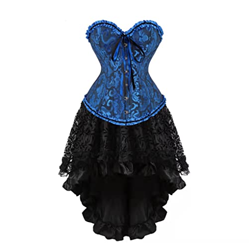 Hengzhifeng Corsage mit Rock Damen Steampunk Brokat Korsett Karnevals Party Korsage Kostüm (EU 36-38,Schwarz Blau) von Hengzhifeng