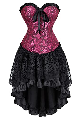 Hengzhifeng Corsage mit Rock Damen Steampunk Brokat Korsett Karnevals Party Korsage Kostüm (EU 38-40,Schwarz Rosa) von Hengzhifeng