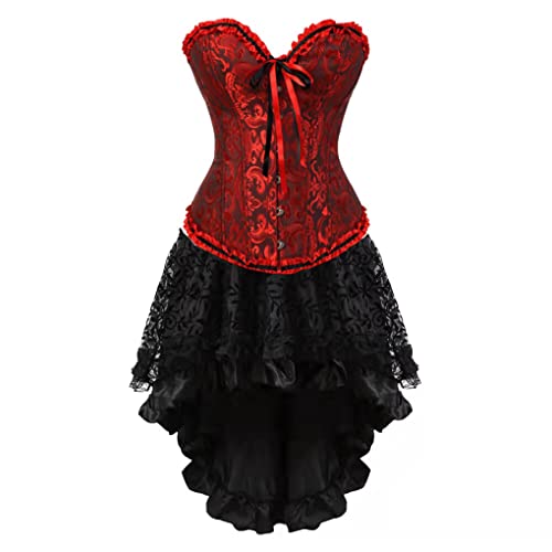 Hengzhifeng Corsage mit Rock Damen Steampunk Brokat Korsett Karnevals Party Korsage Kostüm (EU 40-42,Schwarz Rot) von Hengzhifeng