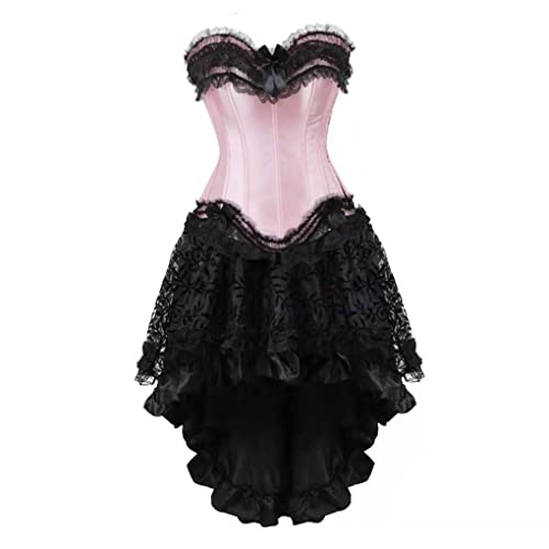 Hengzhifeng Corsage mit Rock Damen Steampunk Reissverschluss Korsett Karnevals Party Korsage Kostüm (EU 32-34,Schwarz Rosa) von Hengzhifeng