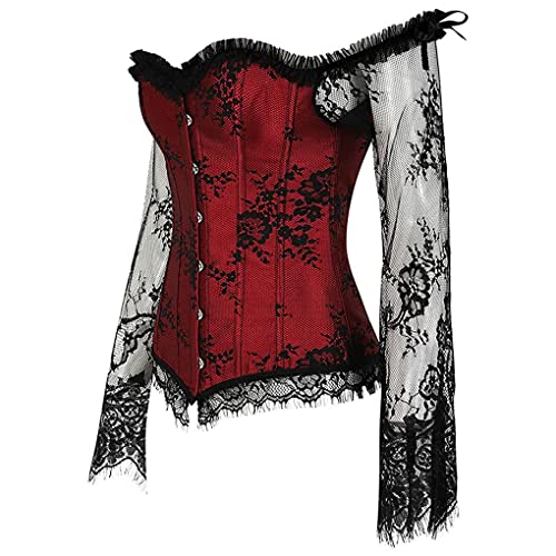 Hengzhifeng Damen Corsage Spitze Ärmel Korsage Hochzeit Party Korsett (EU 42-44,Weinrot) von Hengzhifeng