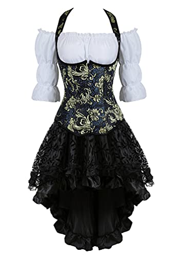 Hengzhifeng Damen Corsage mit Bluse Röcke Steampunk Korsett Karnevals Party Korsage Kostüm (EU 30-32,Blau) von Hengzhifeng