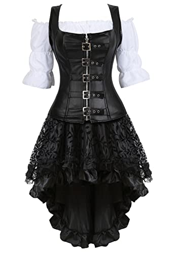 Hengzhifeng Damen Corsage mit Bluse Röcke Steampunk Kunstleder Korsett Karnevals Party Korsage Kostüm (EU 30-32,Schwarz) von Hengzhifeng