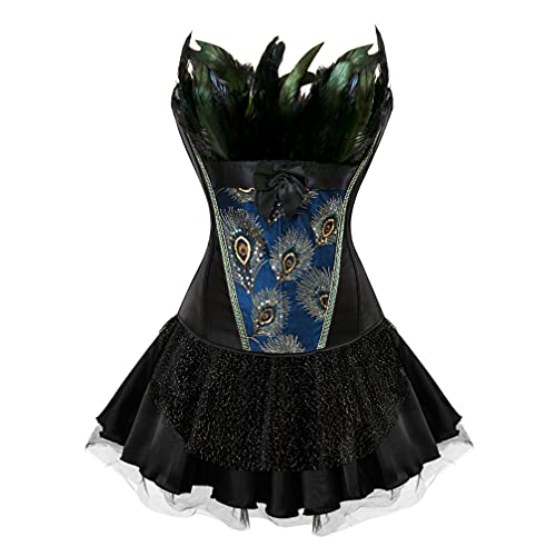 Hengzhifeng Damen Corsage mit Rock Steampunk Pfau Feder Korsett Karnevals Party Korsage Kostüm (EU 36-38,Schwarz) von Hengzhifeng