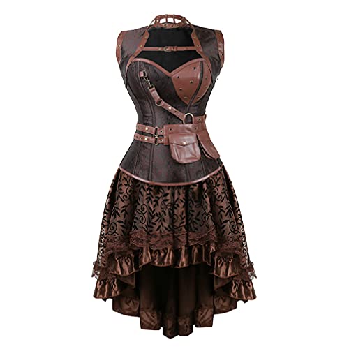 Hengzhifeng Damen Corsage mit Rock Steampunk Pirat Korsett Karnevals Party Korsage Kostüm (EU 30-32,Braun) von Hengzhifeng