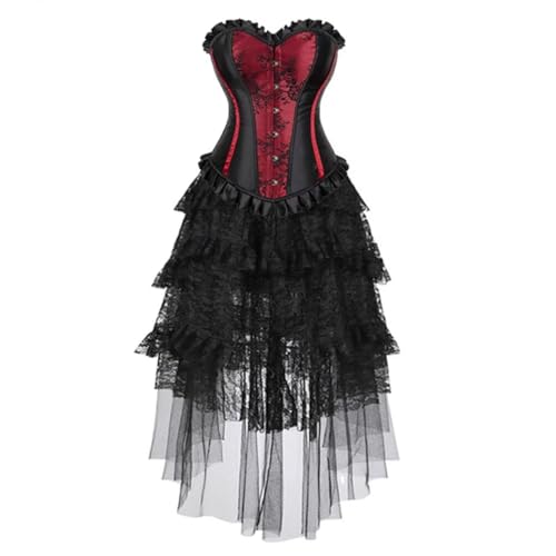 Hengzhifeng Korsett Corsage Karneval Kostüm Damen Piratin Korsage mit Spitzenrock (EUR 36-38,Weinrot) von Hengzhifeng