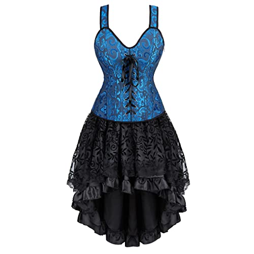 Hengzhifeng Steampunk Corsage mit Rock Damen Korsett mit Träger Party Korsage Kostüm (EU 40-42,Blau) von Hengzhifeng