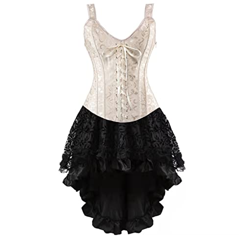 Hengzhifeng Steampunk Corsage mit Rock Damen Korsett mit Träger Party Korsage Kostüm (EU 48-50,Beige) von Hengzhifeng