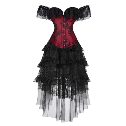 Hengzhifeng Steampunk Korsett Fasching Kostüm Damen Corsage Karneval mit Spitzenrock (EUR 44-46,Weinrot) von Hengzhifeng
