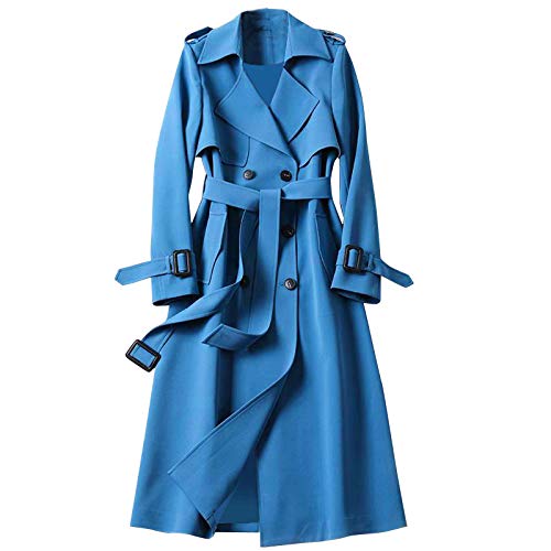 Damen Vintage Trenchcoat Lang Parker Klassisch Zweireihig Jacke Elegant Einfarbig Langarm Revers mit Gürtel Slim Fit Overcoat Outwear Gr. 42, blau von Hengzi