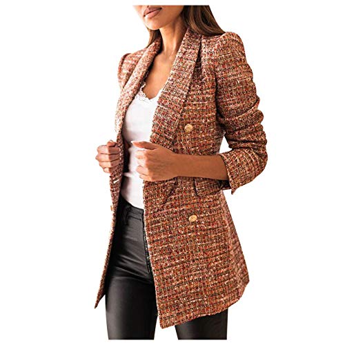 Hengzi Damen Elegant Langarm Blazer Casual Zweireihig Blazer Revers Business Slim Fit Jacke Mantel Anzug mit Taschen, braun, 52 von Hengzi