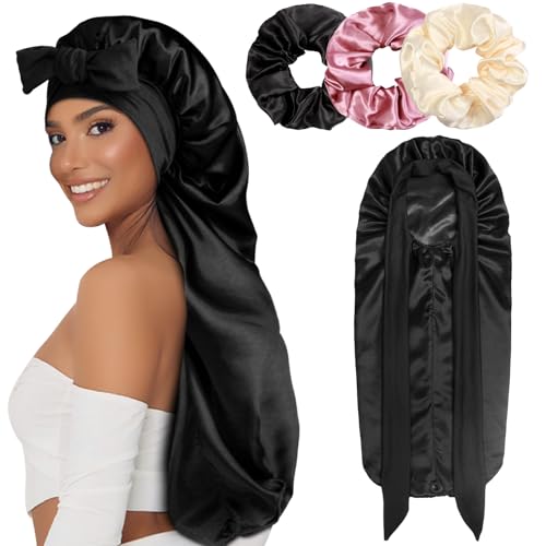 1 + 3 lange Seidenhauben-Zöpfe, für Frauen, schlafend, große Haube mit Haargummis, B - Schwarz, Einheitsgr��e von Heniho