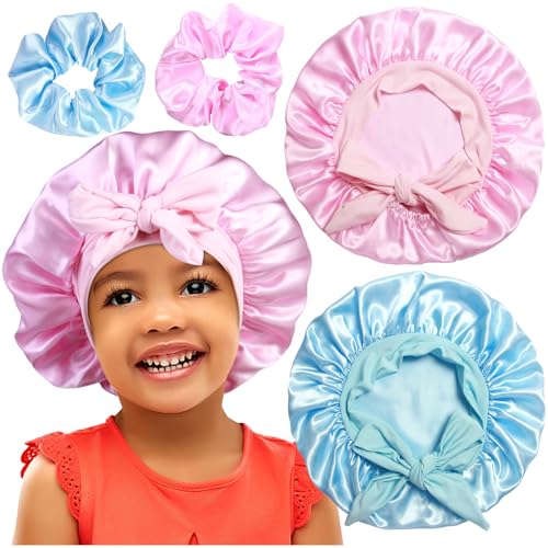 2 + 2 Satin-Mützen mit Haargummis für Kinder, niedliche Haarhauben für Mädchen, schlafendes lockiges Haar, C von Heniho