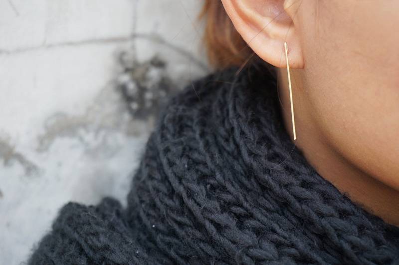 Vertical Bar Ohrringe, Zierliche Dünne Lange Rose Gold Gefüllt, Sterling Silber von Henju