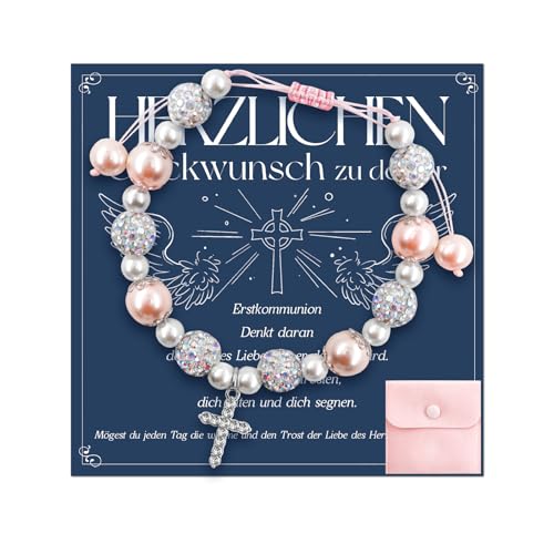 Kommunionarmband mit Kreuz, Kommunion Geschenke für Mädchen Armband, Rosa Perlenarmband und Kommunionkarte Geschenke, Erstkommunion Geschenke, Kommunion Taufe Geschenke für Mädchen Jungen Kinder Kommunionarmband mit Kreuz, Kommunion Geschenke für Mädchen Armband, Rosa Perlenarmband und Kommunionkarte Geschenke, Erstkommunion Geschenke, Kommunion Taufe Geschenke für Mädchen Jungen Kinder von Henjunu