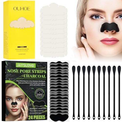Mitesserentferner Stripes 24PCS + Pore Strips 10PCS + Wattestäbchen 10PCS, Natürliche Bambuskohle Mitesser Strips, Nasenstrips Mitesser zur Tiefenreinigung und Porenverkleinerung,für Männer und Frauen von Henjunu