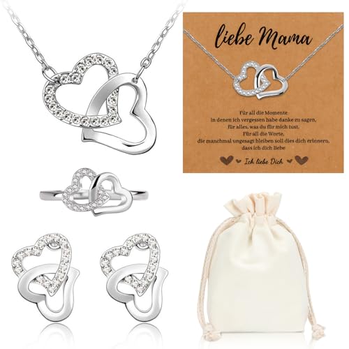 Henjunu Mutter Kette,Muttertagsgeschenk Mama,Herz Schmuck Geschenk für Mutter,Herz Halskette mit Armband Ring Ohrringe,für Muttertag Geburtstag Weihnachten von Henjunu
